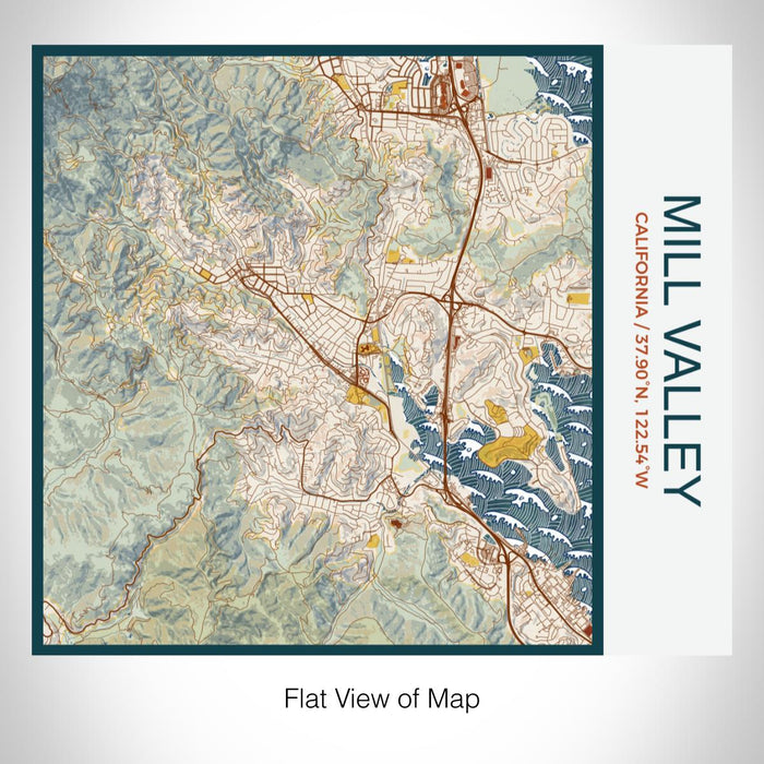 Rendered View of Mill Valley California Map on 17oz Stainless Steel Insulated Tumbler in Woodblock Map Style
