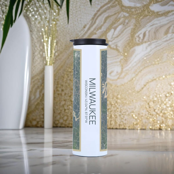 Milwaukee Wisconsin Custom City Map Inscription Coordinates on 17oz Stainless Steel Insulated Tumbler in Afternoon Map Style