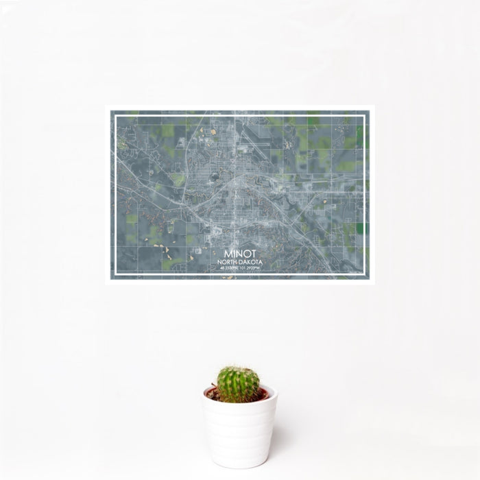 12x18 Minot North Dakota Map Print Landscape Orientation in Afternoon Style With Small Cactus Plant in White Planter