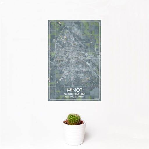 12x18 Minot North Dakota Map Print Portrait Orientation in Afternoon Style With Small Cactus Plant in White Planter