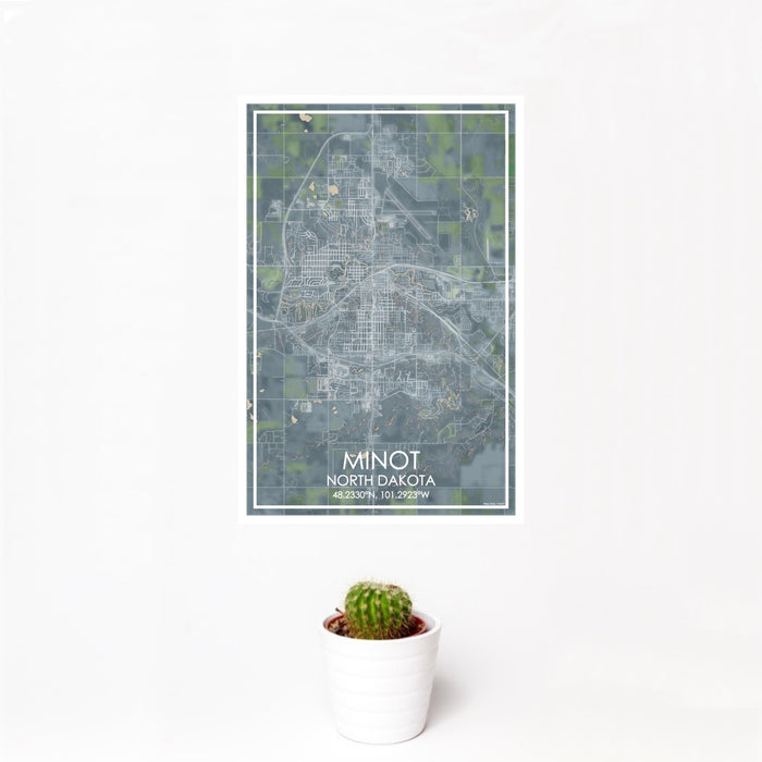 12x18 Minot North Dakota Map Print Portrait Orientation in Afternoon Style With Small Cactus Plant in White Planter