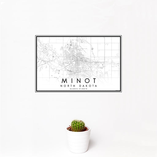 12x18 Minot North Dakota Map Print Landscape Orientation in Classic Style With Small Cactus Plant in White Planter