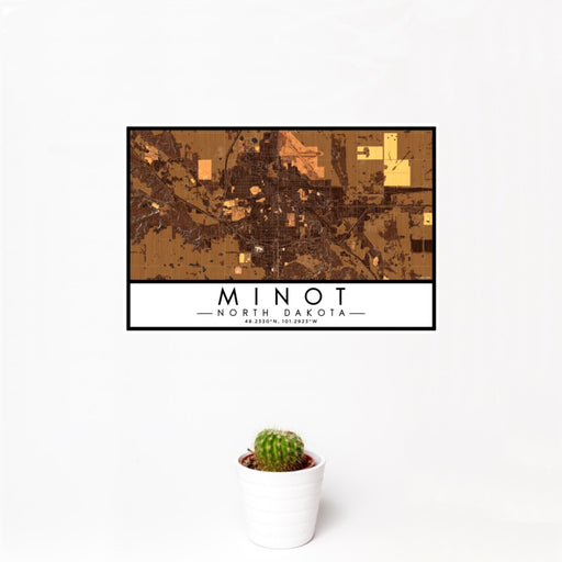 12x18 Minot North Dakota Map Print Landscape Orientation in Ember Style With Small Cactus Plant in White Planter