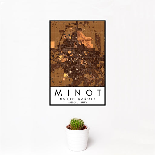12x18 Minot North Dakota Map Print Portrait Orientation in Ember Style With Small Cactus Plant in White Planter