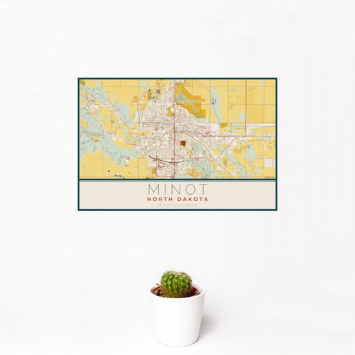12x18 Minot North Dakota Map Print Landscape Orientation in Woodblock Style With Small Cactus Plant in White Planter