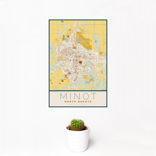 12x18 Minot North Dakota Map Print Portrait Orientation in Woodblock Style With Small Cactus Plant in White Planter