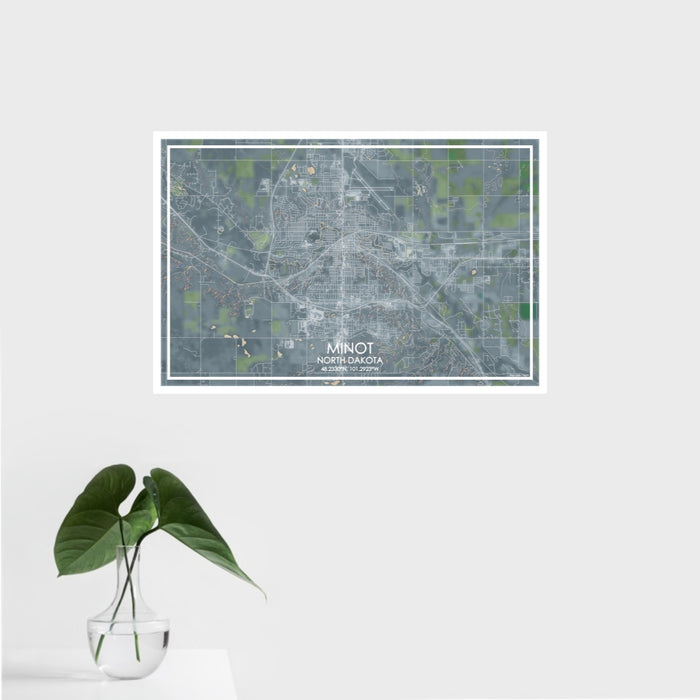 16x24 Minot North Dakota Map Print Landscape Orientation in Afternoon Style With Tropical Plant Leaves in Water