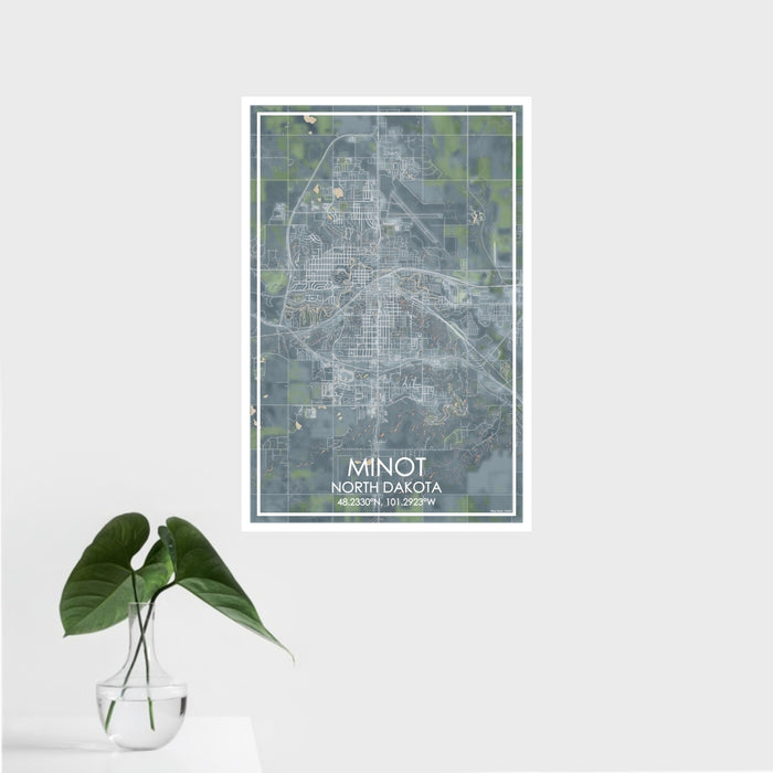 16x24 Minot North Dakota Map Print Portrait Orientation in Afternoon Style With Tropical Plant Leaves in Water