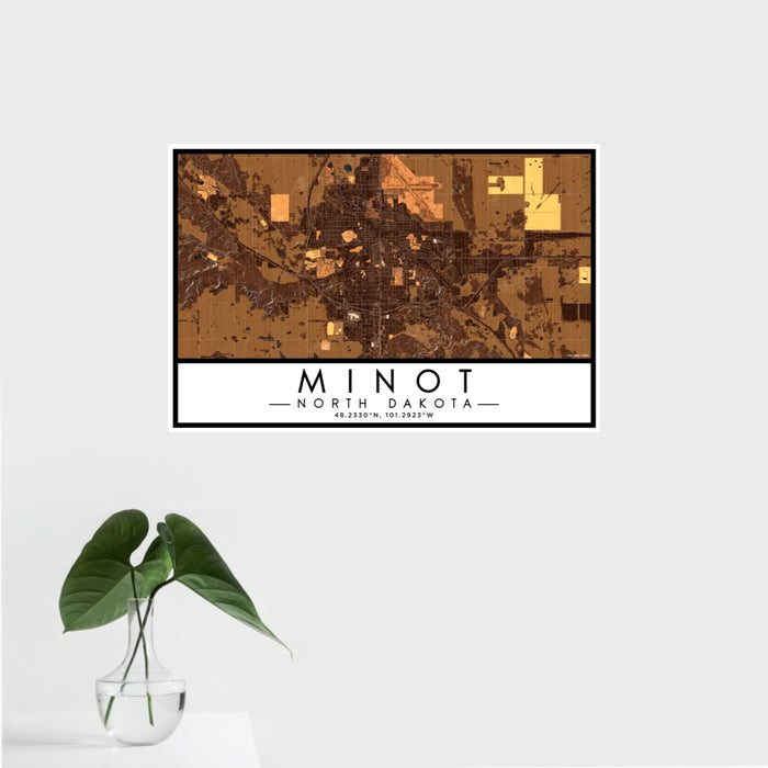 16x24 Minot North Dakota Map Print Landscape Orientation in Ember Style With Tropical Plant Leaves in Water