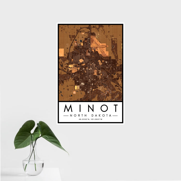 16x24 Minot North Dakota Map Print Portrait Orientation in Ember Style With Tropical Plant Leaves in Water