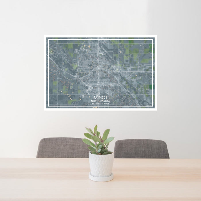 24x36 Minot North Dakota Map Print Lanscape Orientation in Afternoon Style Behind 2 Chairs Table and Potted Plant