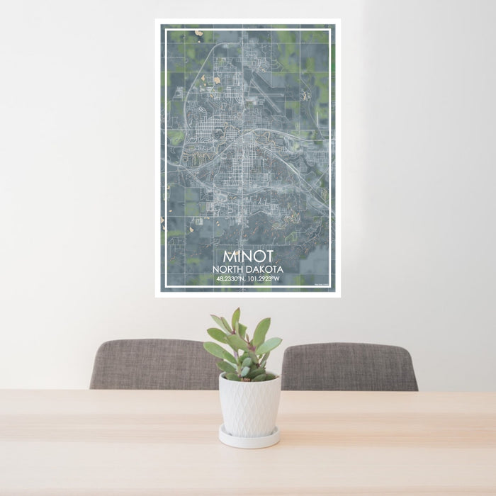 24x36 Minot North Dakota Map Print Portrait Orientation in Afternoon Style Behind 2 Chairs Table and Potted Plant