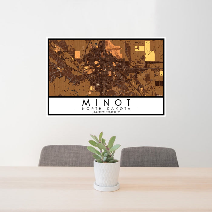 24x36 Minot North Dakota Map Print Lanscape Orientation in Ember Style Behind 2 Chairs Table and Potted Plant