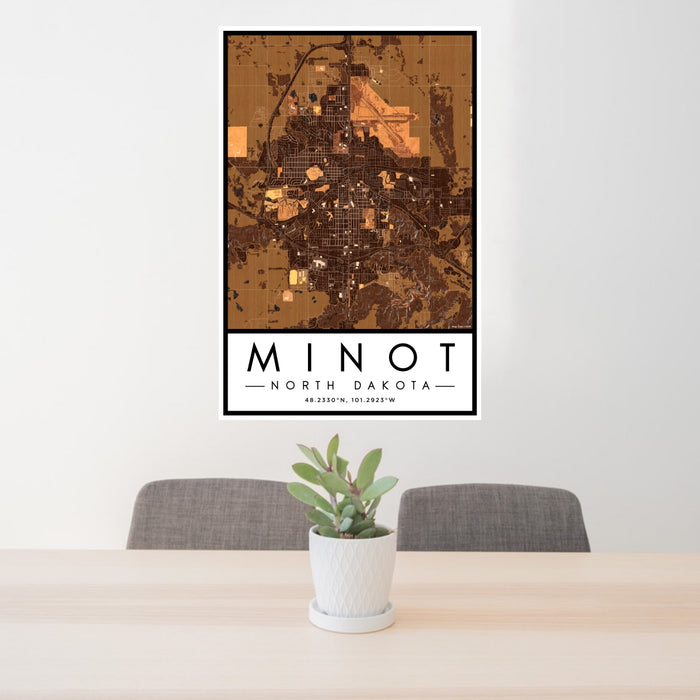 24x36 Minot North Dakota Map Print Portrait Orientation in Ember Style Behind 2 Chairs Table and Potted Plant