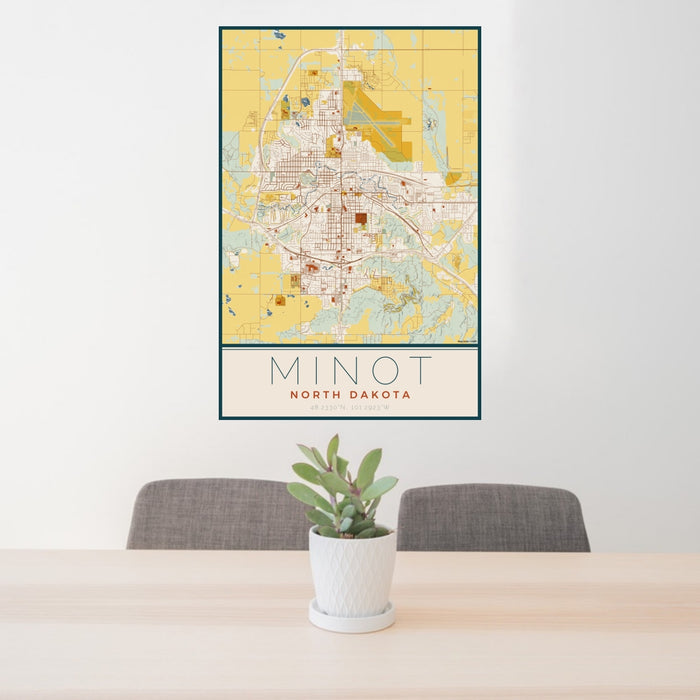 24x36 Minot North Dakota Map Print Portrait Orientation in Woodblock Style Behind 2 Chairs Table and Potted Plant