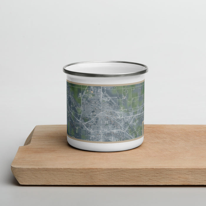 Front View Custom Minot North Dakota Map Enamel Mug in Afternoon on Cutting Board