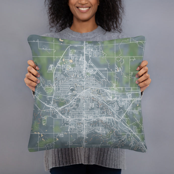 Person holding 18x18 Custom Minot North Dakota Map Throw Pillow in Afternoon