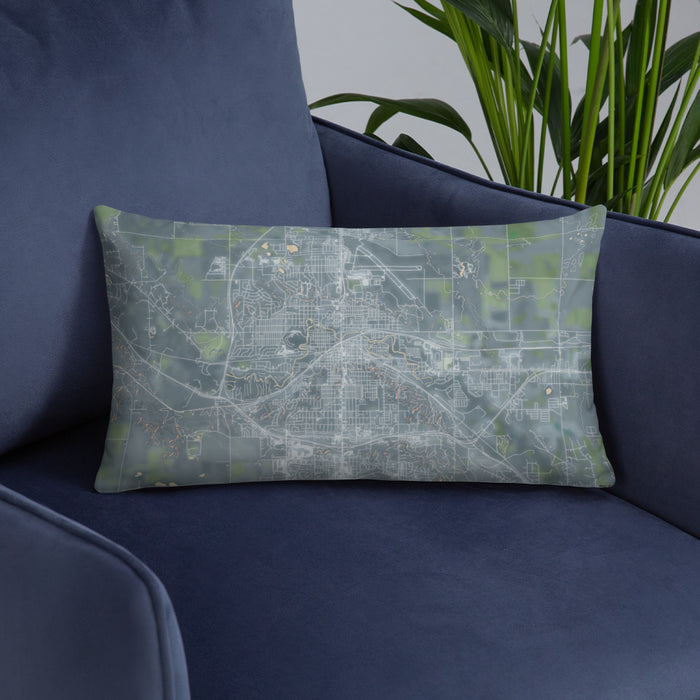 Custom Minot North Dakota Map Throw Pillow in Afternoon on Blue Colored Chair