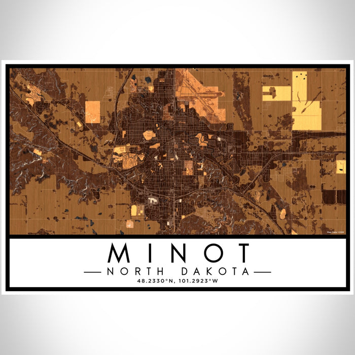 Minot North Dakota Map Print Landscape Orientation in Ember Style With Shaded Background