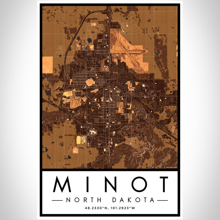 Minot North Dakota Map Print Portrait Orientation in Ember Style With Shaded Background