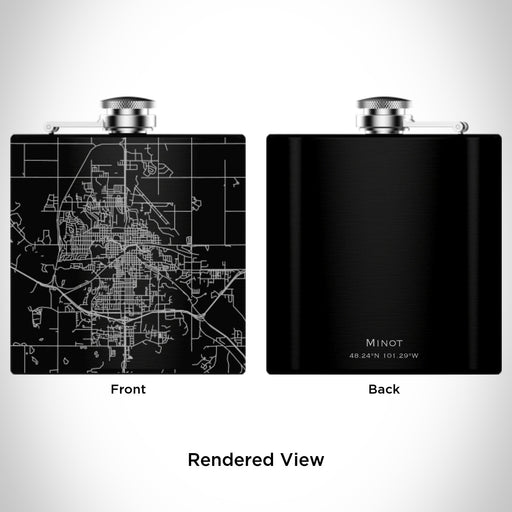 Rendered View of Minot North Dakota Map Engraving on 6oz Stainless Steel Flask in Black
