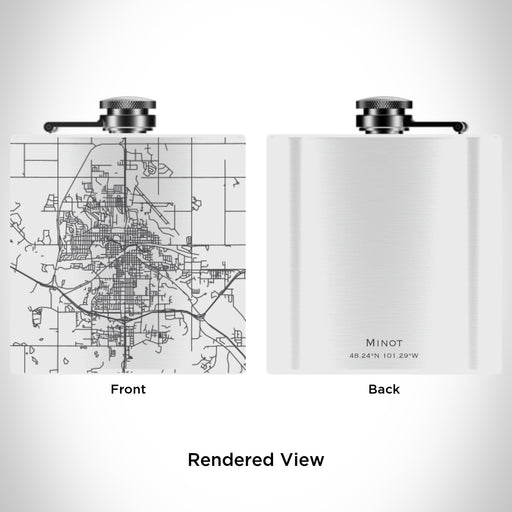Rendered View of Minot North Dakota Map Engraving on 6oz Stainless Steel Flask in White