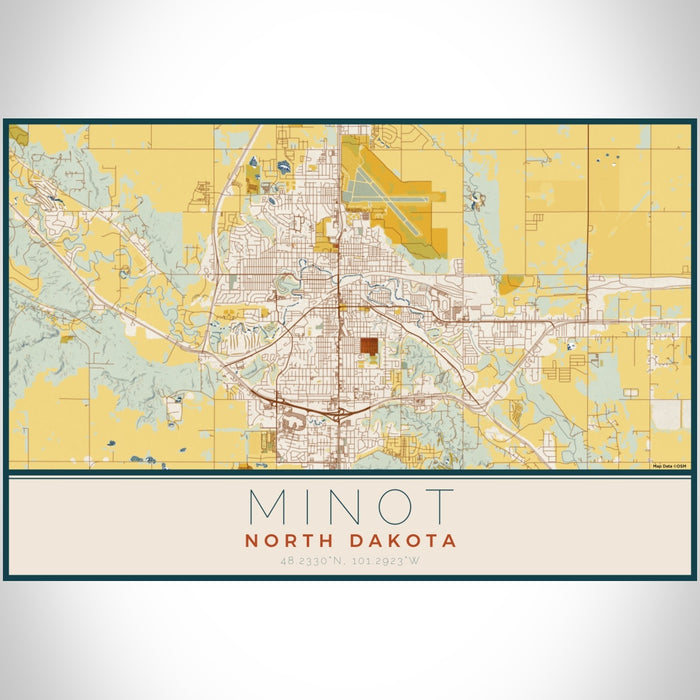 Minot North Dakota Map Print Landscape Orientation in Woodblock Style With Shaded Background