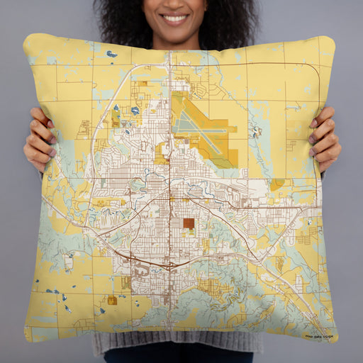 Person holding 22x22 Custom Minot North Dakota Map Throw Pillow in Woodblock