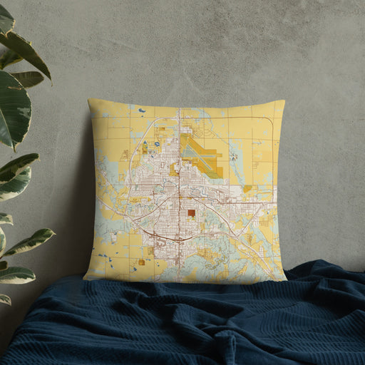 Custom Minot North Dakota Map Throw Pillow in Woodblock on Bedding Against Wall