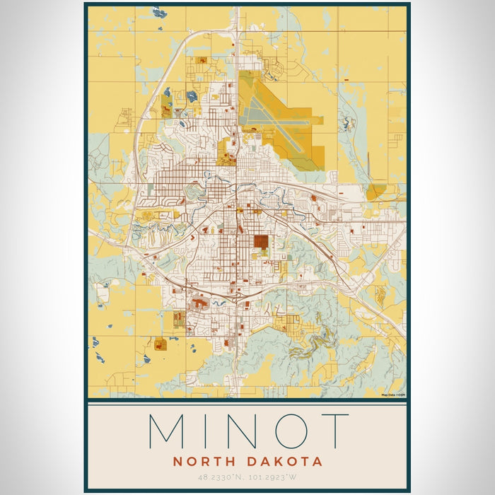 Minot North Dakota Map Print Portrait Orientation in Woodblock Style With Shaded Background