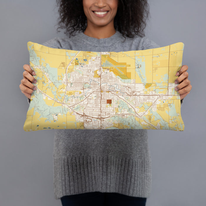 Person holding 20x12 Custom Minot North Dakota Map Throw Pillow in Woodblock