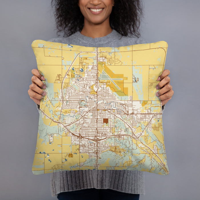 Person holding 18x18 Custom Minot North Dakota Map Throw Pillow in Woodblock