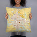 Person holding 18x18 Custom Minot North Dakota Map Throw Pillow in Woodblock