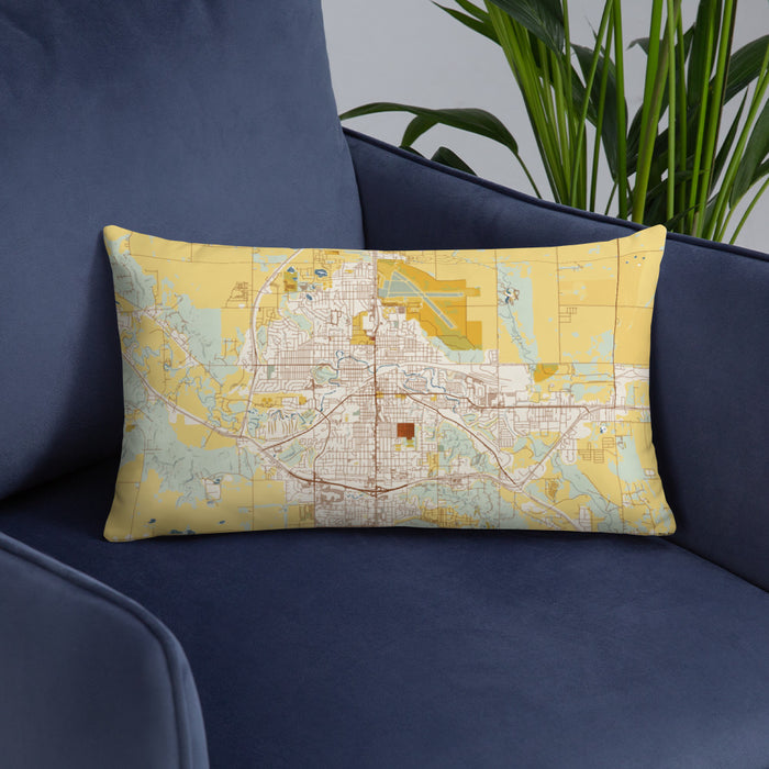 Custom Minot North Dakota Map Throw Pillow in Woodblock on Blue Colored Chair