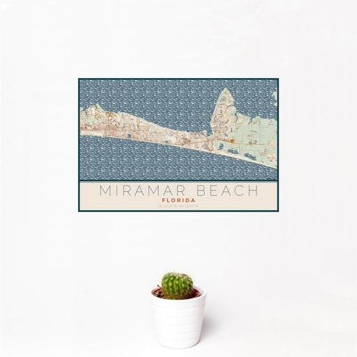 12x18 Miramar Beach Florida Map Print Landscape Orientation in Woodblock Style With Small Cactus Plant in White Planter