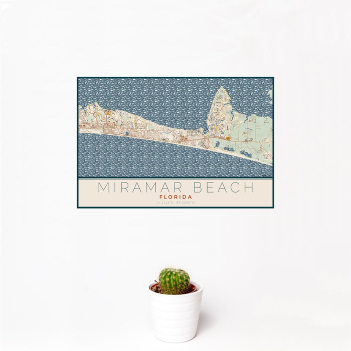 12x18 Miramar Beach Florida Map Print Landscape Orientation in Woodblock Style With Small Cactus Plant in White Planter