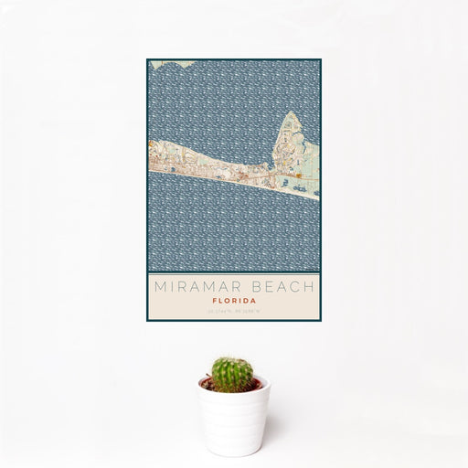 12x18 Miramar Beach Florida Map Print Portrait Orientation in Woodblock Style With Small Cactus Plant in White Planter