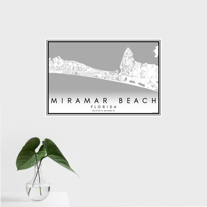 16x24 Miramar Beach Florida Map Print Landscape Orientation in Classic Style With Tropical Plant Leaves in Water