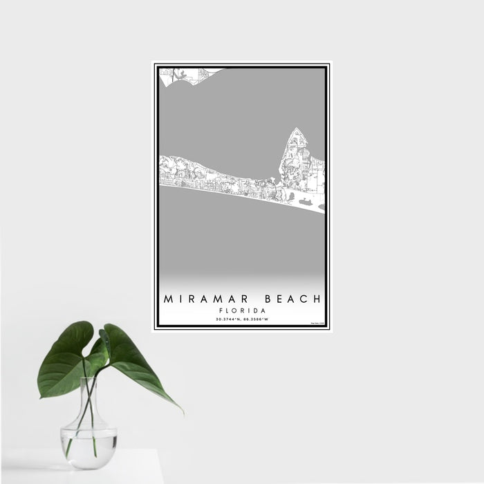 16x24 Miramar Beach Florida Map Print Portrait Orientation in Classic Style With Tropical Plant Leaves in Water