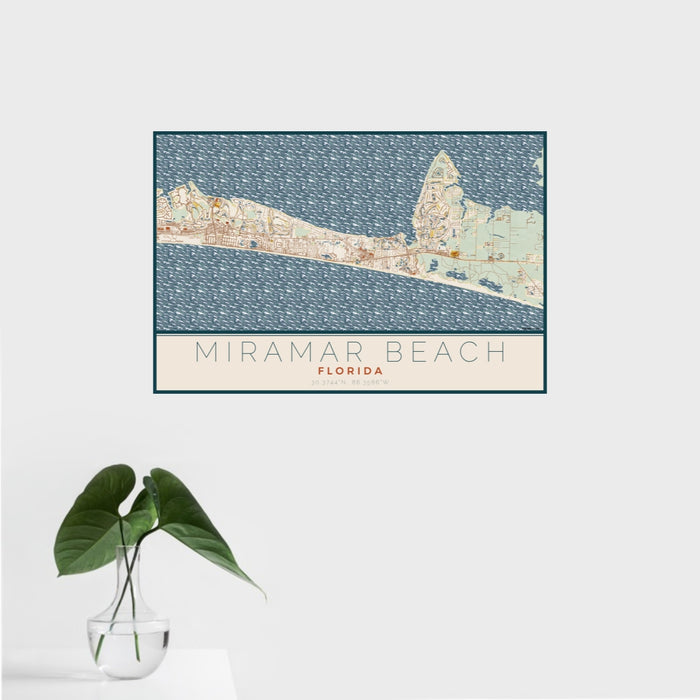 16x24 Miramar Beach Florida Map Print Landscape Orientation in Woodblock Style With Tropical Plant Leaves in Water