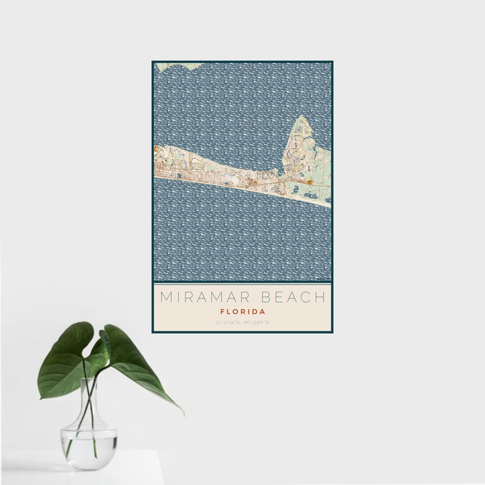 16x24 Miramar Beach Florida Map Print Portrait Orientation in Woodblock Style With Tropical Plant Leaves in Water