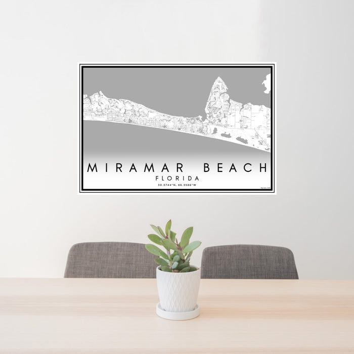 24x36 Miramar Beach Florida Map Print Lanscape Orientation in Classic Style Behind 2 Chairs Table and Potted Plant