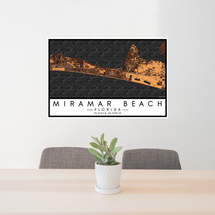 24x36 Miramar Beach Florida Map Print Lanscape Orientation in Ember Style Behind 2 Chairs Table and Potted Plant