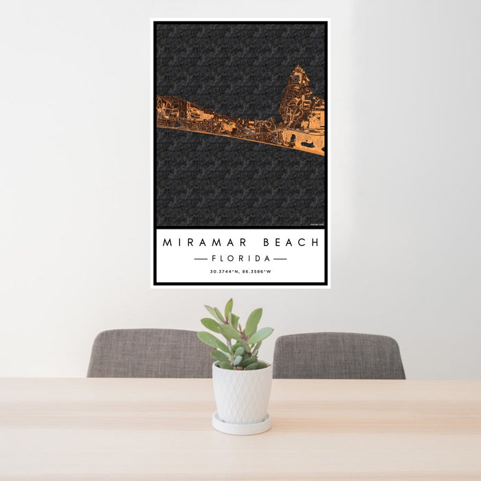 24x36 Miramar Beach Florida Map Print Portrait Orientation in Ember Style Behind 2 Chairs Table and Potted Plant