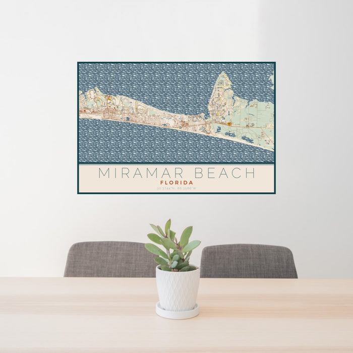 24x36 Miramar Beach Florida Map Print Lanscape Orientation in Woodblock Style Behind 2 Chairs Table and Potted Plant