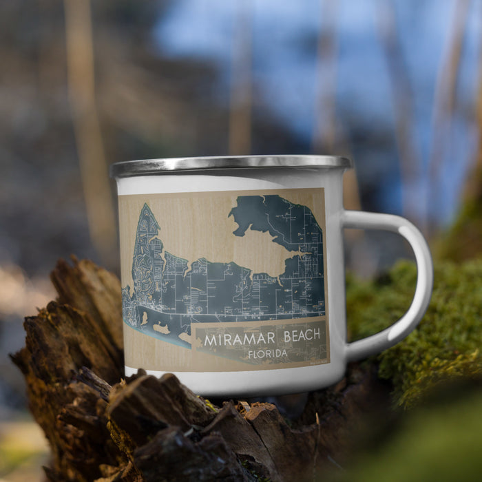 Right View Custom Miramar Beach Florida Map Enamel Mug in Afternoon on Grass With Trees in Background