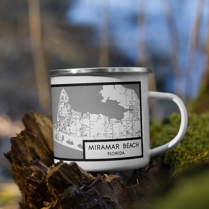 Right View Custom Miramar Beach Florida Map Enamel Mug in Classic on Grass With Trees in Background