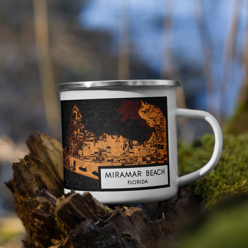 Right View Custom Miramar Beach Florida Map Enamel Mug in Ember on Grass With Trees in Background