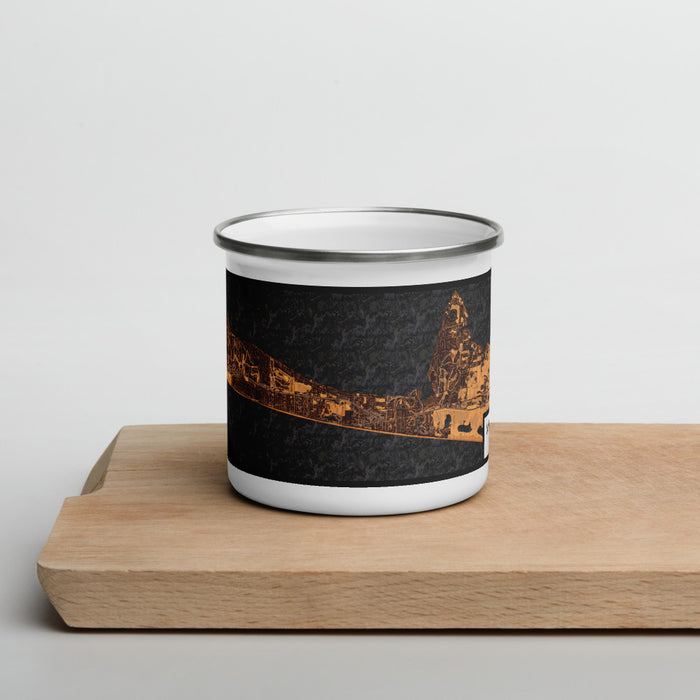 Front View Custom Miramar Beach Florida Map Enamel Mug in Ember on Cutting Board