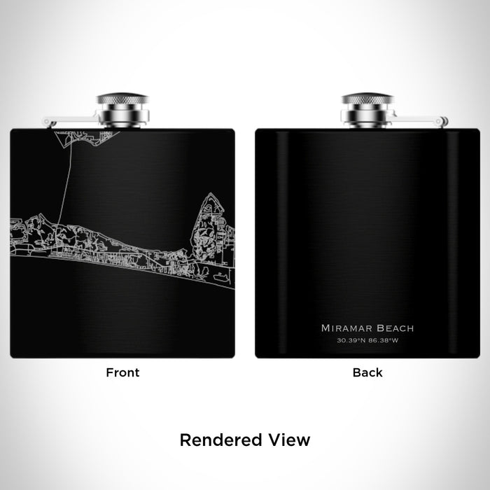 Rendered View of Miramar Beach Florida Map Engraving on 6oz Stainless Steel Flask in Black